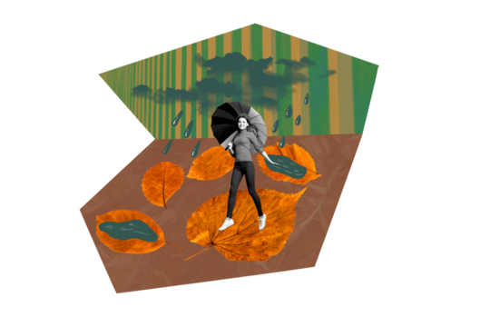 Composite photo collage of happy girl hold umbrella autumn fall season rain weather puddle dry foliage isolated on painted background