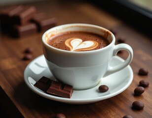 Obraz premium Cozy Hot Chocolate with Heart Latte Art and Dark Chocolate