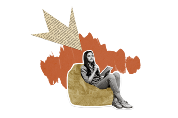 Creative picture collage young dreamy girl writer book author journalist imagine fantasize idea literature page novel story