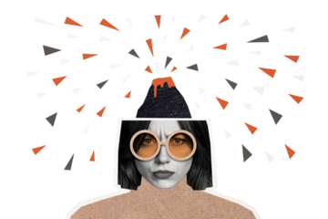 Composite photo collage of serious young girl instead head volcano eruption burnout impatient mental psyche isolated on painted background