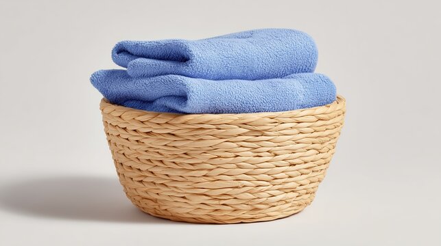 Serviettes bleues pli&eacute;es dans un panier en osier tress&eacute; sur fond blanc