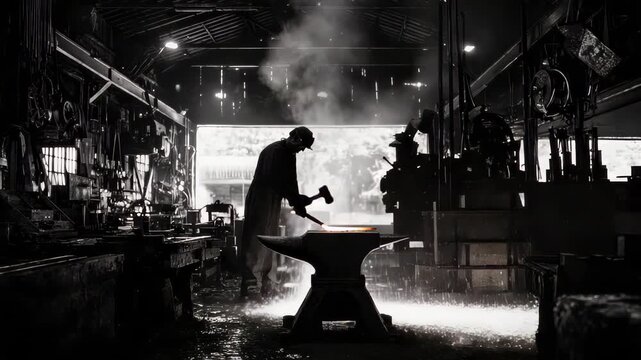 Skilled worker forges metal in retro metalworking plant with focused craftsmanship