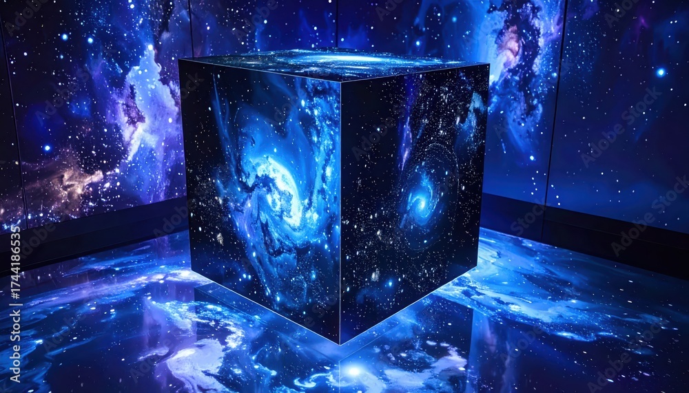 Wall mural Cosmic display showcases a brilliant luminous cube surrounded by immersive projections of a nebula and starfield, reflecting the celestial patterns upon the floor and walls with vibrant blue and...
