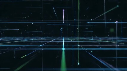 Dynamic Digital Network Grid Animation: Glowing Blue Lines and Particles on a Dark Background - Powered by Adobe