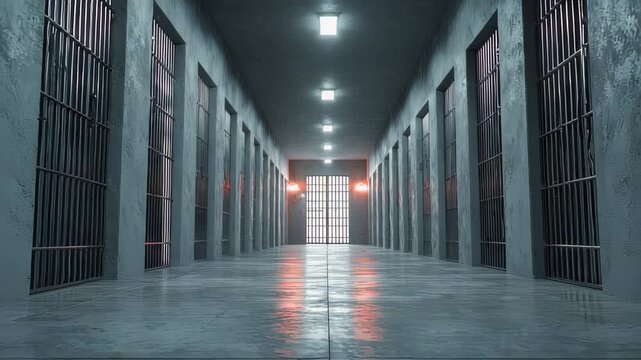 Dark prison hallway with dim lighting and ominous atmosphere captivates viewer&rsquo;s attention