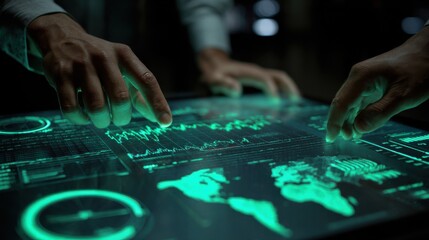 Fototapeta premium Professionals collaborating with predictive AI tools for forecasting market trends and optimizing business strategies