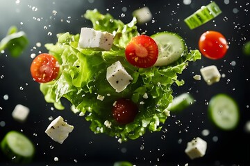 Fresh spring salad ingredients like feta, tomatoes, and cucumbers floating in the air for a vibrant, healthy lifestyle concept