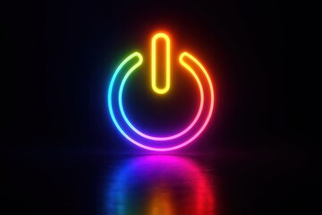 Vibrant neon power button symbol with colorful glow and reflection art