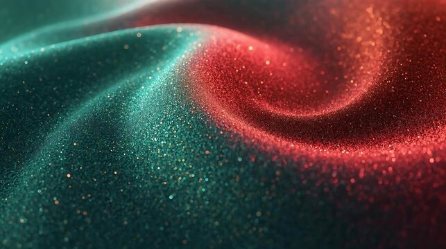 Dynamic abstract background of undulating fabric or powder covered in fine glitter, featuring a smooth, swirling wave of deep teal contrasting with bright fiery red and warm highlights.