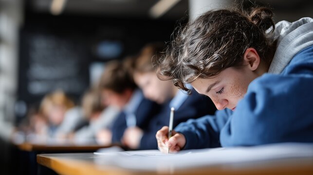 Jeune &eacute;l&egrave;ve concentr&eacute; &eacute;crivant pendant un examen dans une salle de classe