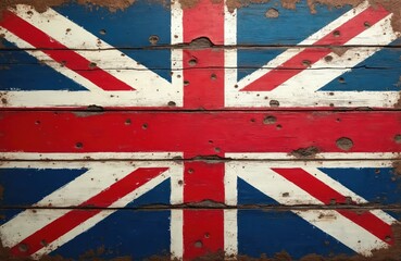 Fototapeta premium Distressed Union Jack flag painted on weathered wooden planks. The UK national symbol shows wear, chips, and cracks, giving it a grunge vintage appeal. Ideal for patriotic or historical themes.