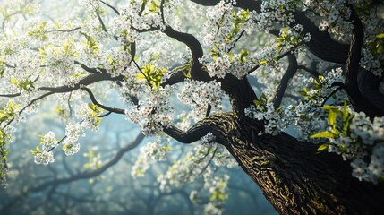 close up of a large blossoming tree in spring, Highly detailed illustration, branches extending outward