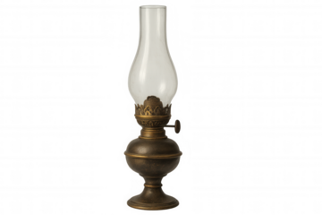 Vintage kerosene lamp with glass chimney and brass details, classic antique oil lantern for illumination