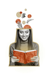 Vertical photo collage young smiling cheerful girl half head arms hands literature lover book...