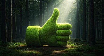 Giant mossy thumbs up symbol glowing in sunbeams within a lush, dark forest, symbolizing eco-friendly success and organic growth achievements