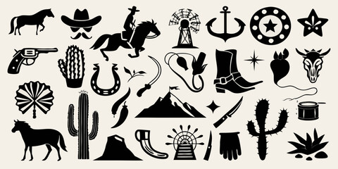 Collection of western and wild west icons and silhouettes for design