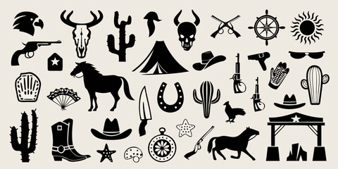 Collection of western cowboy and desert icons in silhouette on a light background