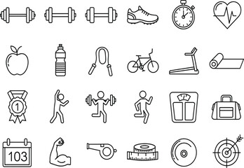 Fitness and wellness icon set, black-and-white gym gear, cardio, health symbols, workout tools for apps, merch, branding, kits