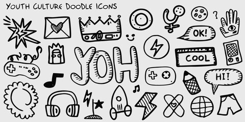 Collection of youth culture doodle icons and symbols hand drawn style on white background