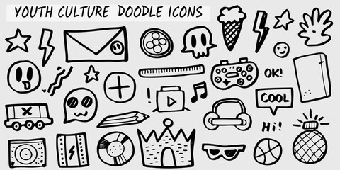 Collection of youth culture doodle icons and symbols hand drawn style