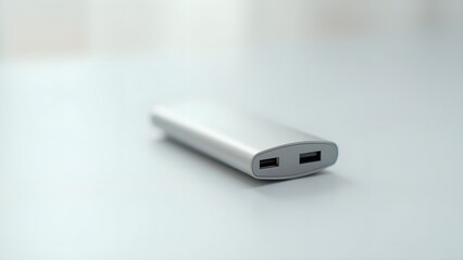 Fototapeta premium Metallic Slim Compact Power Bank with USB Ports on White Background