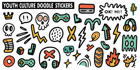 Vibrant youth culture doodle stickers featuring skulls game controllers and speech bubbles