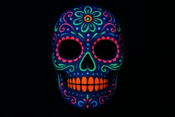 Fluorescent sugar skull mask glows vividly with neon flower patterns against a deep black background.