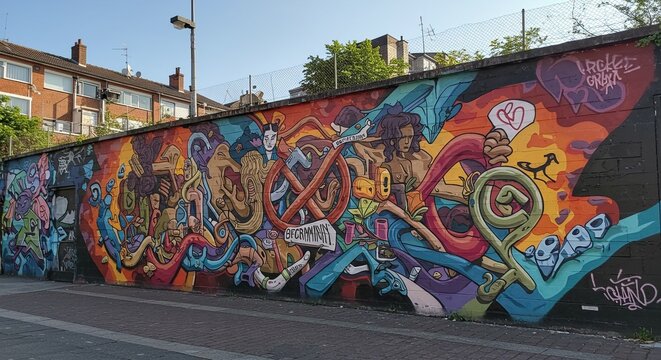 Vibrant, chaotic urban mural explodes with colorful abstract figures and symbols, capturing the dynamic spirit of street art and modern design