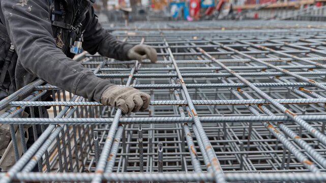 East Asian Steel Fixer Working on Construction Site with Rebar