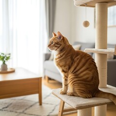 Orange tabby cat sitting on a cat tree in a living room