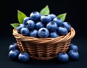 Fototapeta premium Fresh Blueberries in Wicker Basket on Dark Background