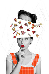 Composite artwork collage image picture of minded girl flying insects inside headisolated on creative background © deagreez