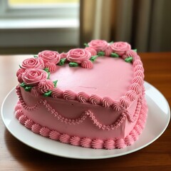 Pink Heart Shaped Cake with Rose Decorations frosting
