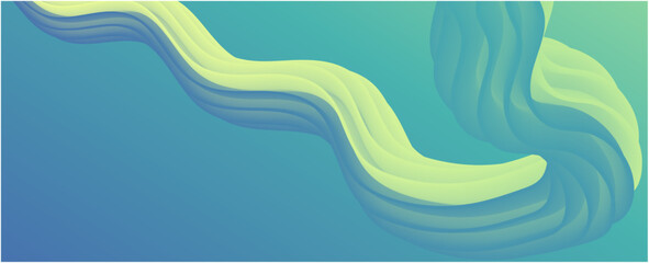 Abstract flowing wave of light yellow and teal green colors on a blue background