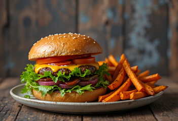 Layered burger with beef, vegetables, sauce and fries on wood
