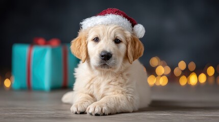 Adorable golden retriever puppy in santa hat cozy indoor setting holiday spirit festive atmosphere close-up view