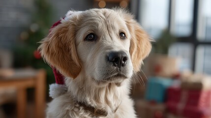Festive golden retriever puppy wearing santa hat indoor holiday setting pet photography warm atmosphere close-up view joyful concept