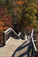 View from the top of a cliff stairway amid autumn foliage in Rocky River Reservation, a Greater Cleveland Ohio metro park 