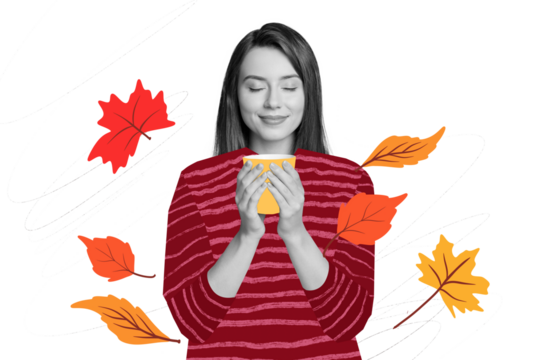 Composite photo collage of happy girl hold coffee cup beverage cacao bliss enjoy autumn foliage dry leaves isolated on painted background