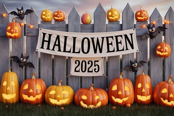Whimsical halloween 2025 scene with carved pumpkins and festive banner decoration