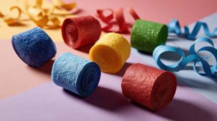 Colorful party streamers and decorations for celebrations studio setup decorative items bright environment close-up view