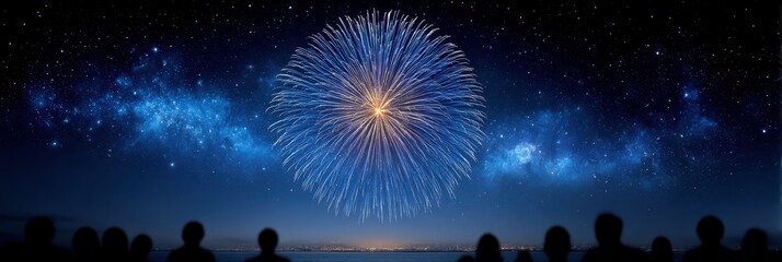 Celebratory fireworks display over ocean night sky photo festive atmosphere wide-angle view celebration theme