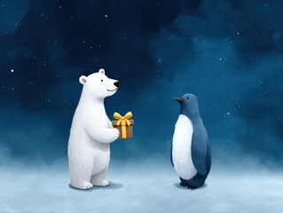 Gift exchange between polar bear and penguin winter wonderland illustrative art magical atmosphere playful perspective