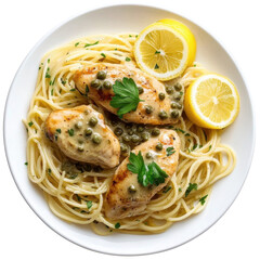Chicken piccata with lemon caper sauce over spaghetti pasta on white plate on transparent