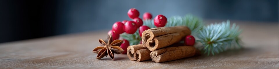 Festive cinnamon sticks and berries arrangement cozy kitchen food photography warm atmosphere close-up view holiday vibes