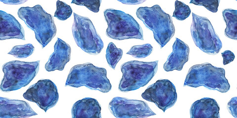 Seamless watercolor pattern of randomly shaped, hand-painted blue spots. Dark blue textured splashes of color.