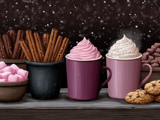 Indulging in delicious hot chocolate and treats cozy winter wonderland food display close-up comfort and indulgence