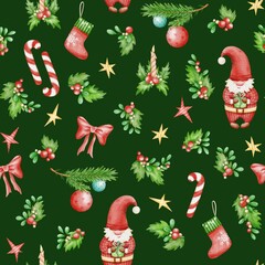 Seamless Christmas pattern with watercolor Santa gnomes, holly leaves, berries, gifts, stockings, stars, bows, candy canes on dark green. Ideal for fabric, wrapping paper, cards, decoration