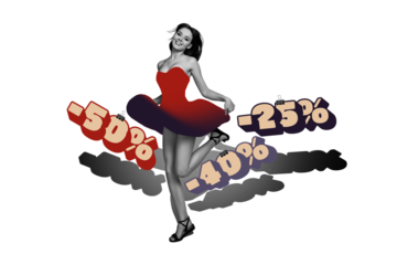 Composite photo collage of happy girl jump dress tempting sale advertisement promo mall retail customer isolated on painted background