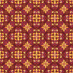 Elegant Thai-inspired floral pattern with red, gold, and pink hues. Perfect for textiles, wallpapers, or home decor designs with a traditional yet modern touch.